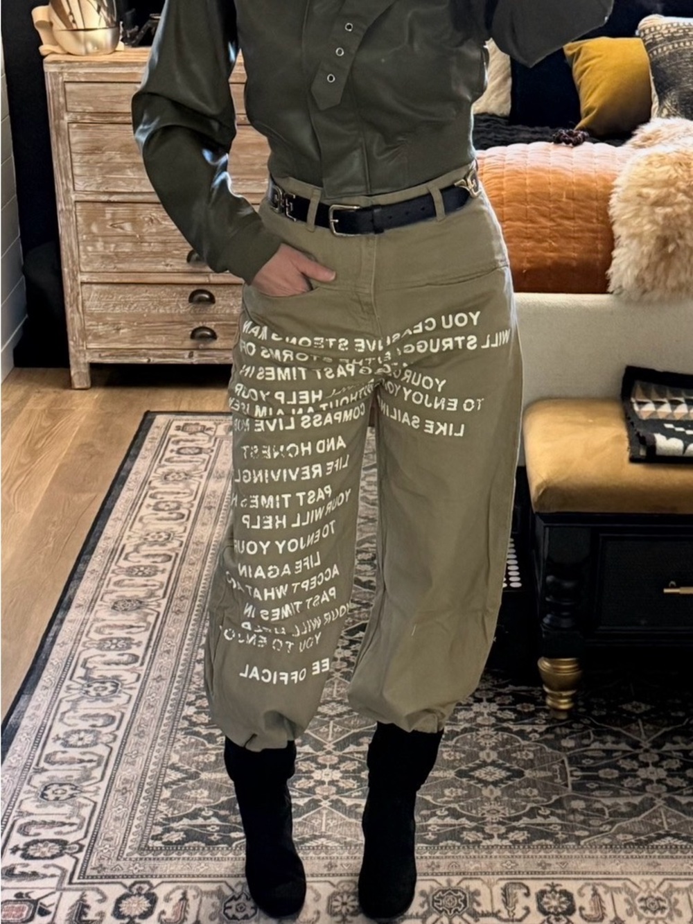 Olive tan khaki Wide-Leg Graphic Cargo Pants - Olive - Picture 2 of 9